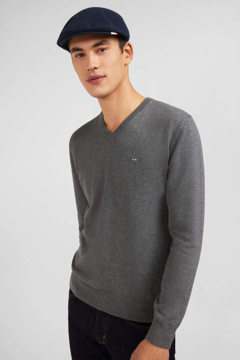 Pull gris à col V en coton - Image 3