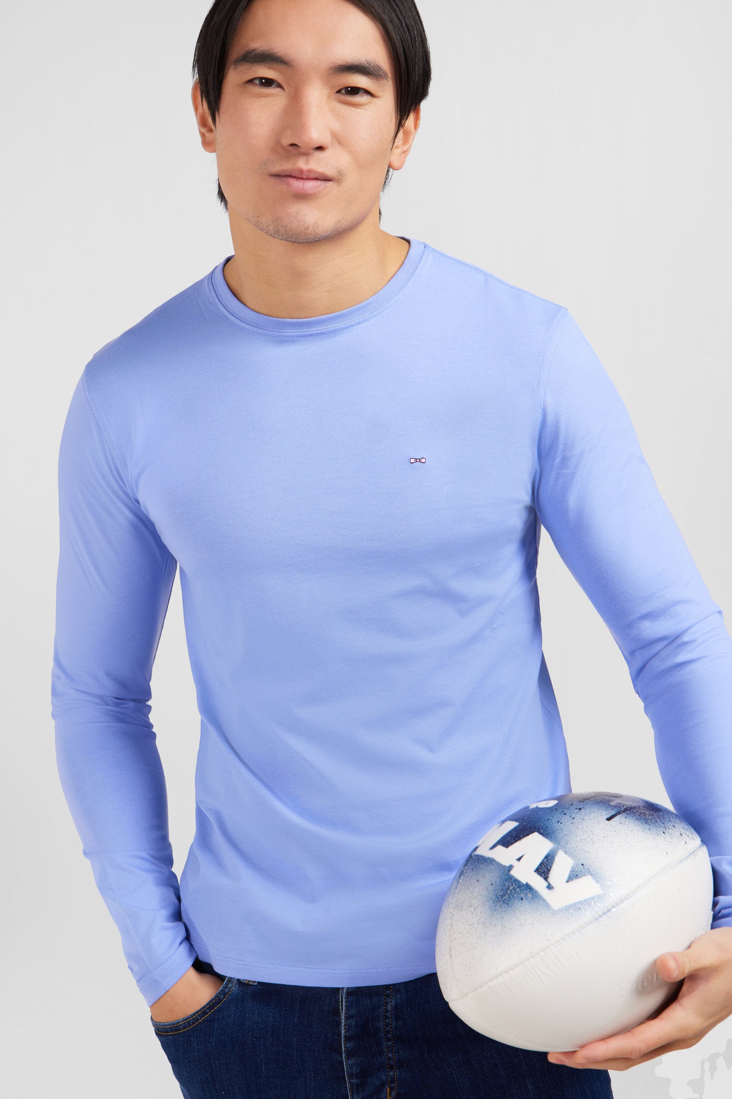 T-shirt bleu col rond à manches longues