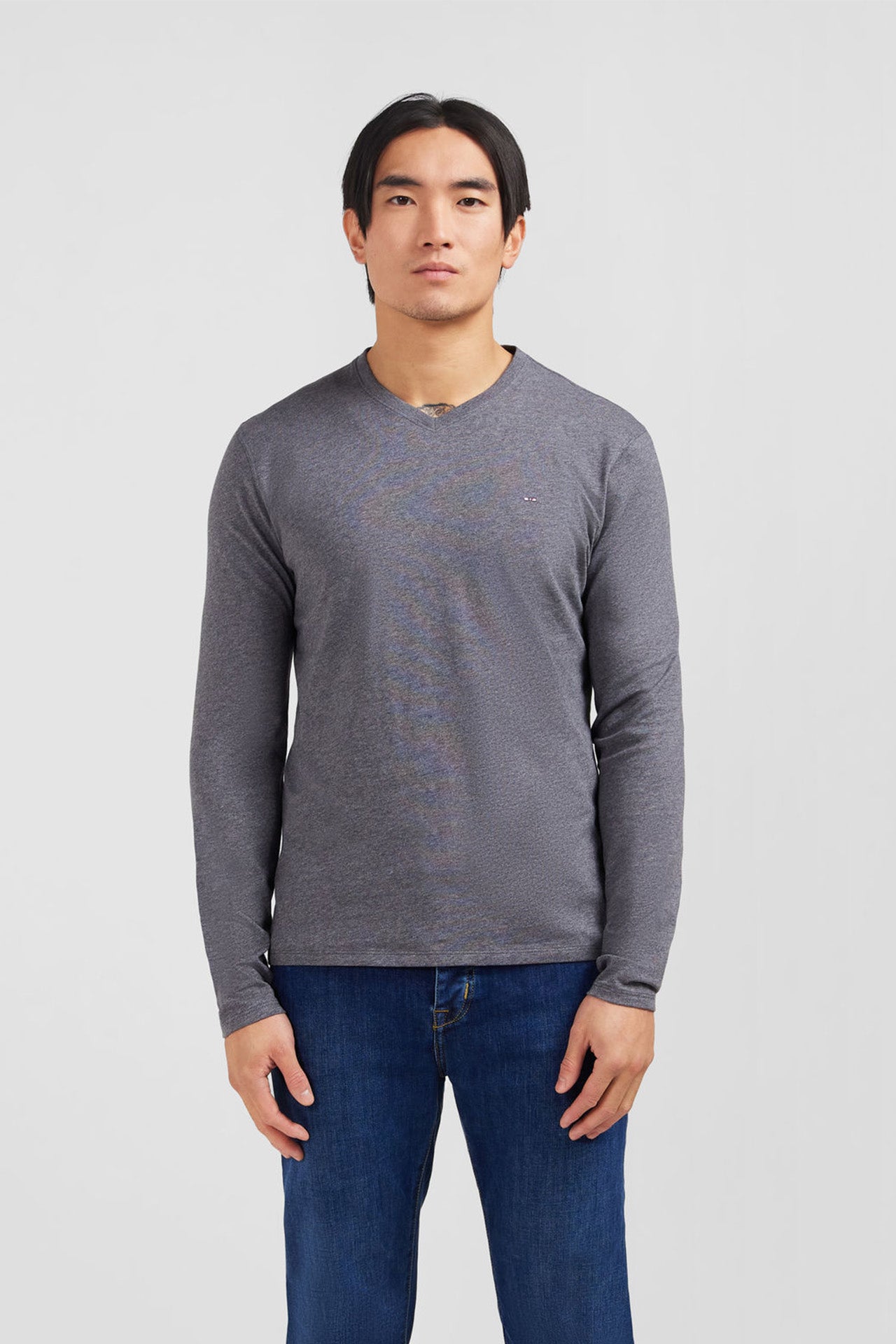 T-shirt gris col rond à manches longues