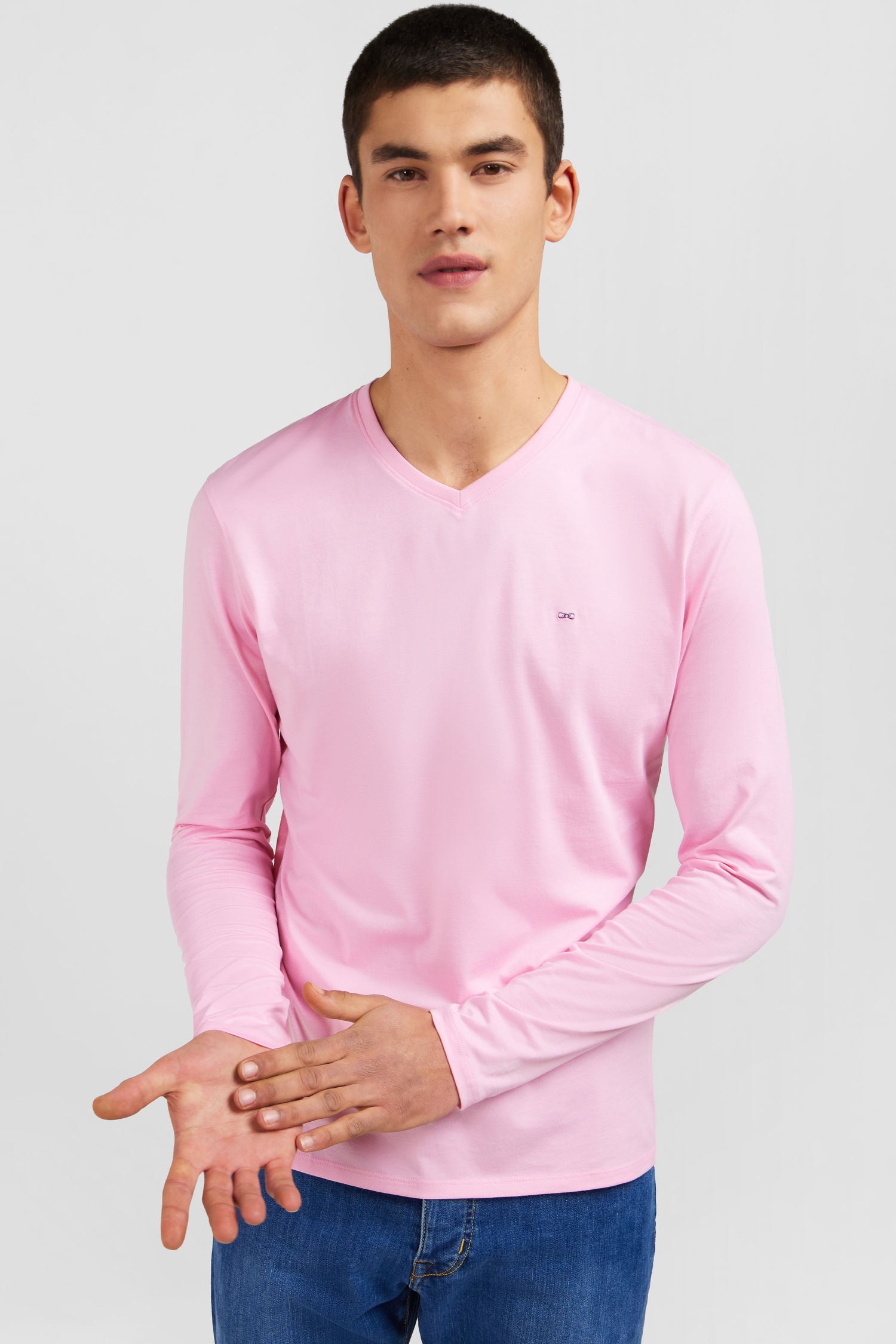 T-shirt rose col V à manches longues