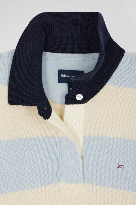 Pull col polo en laine et cachemire rayé bleu et écru - Image 3