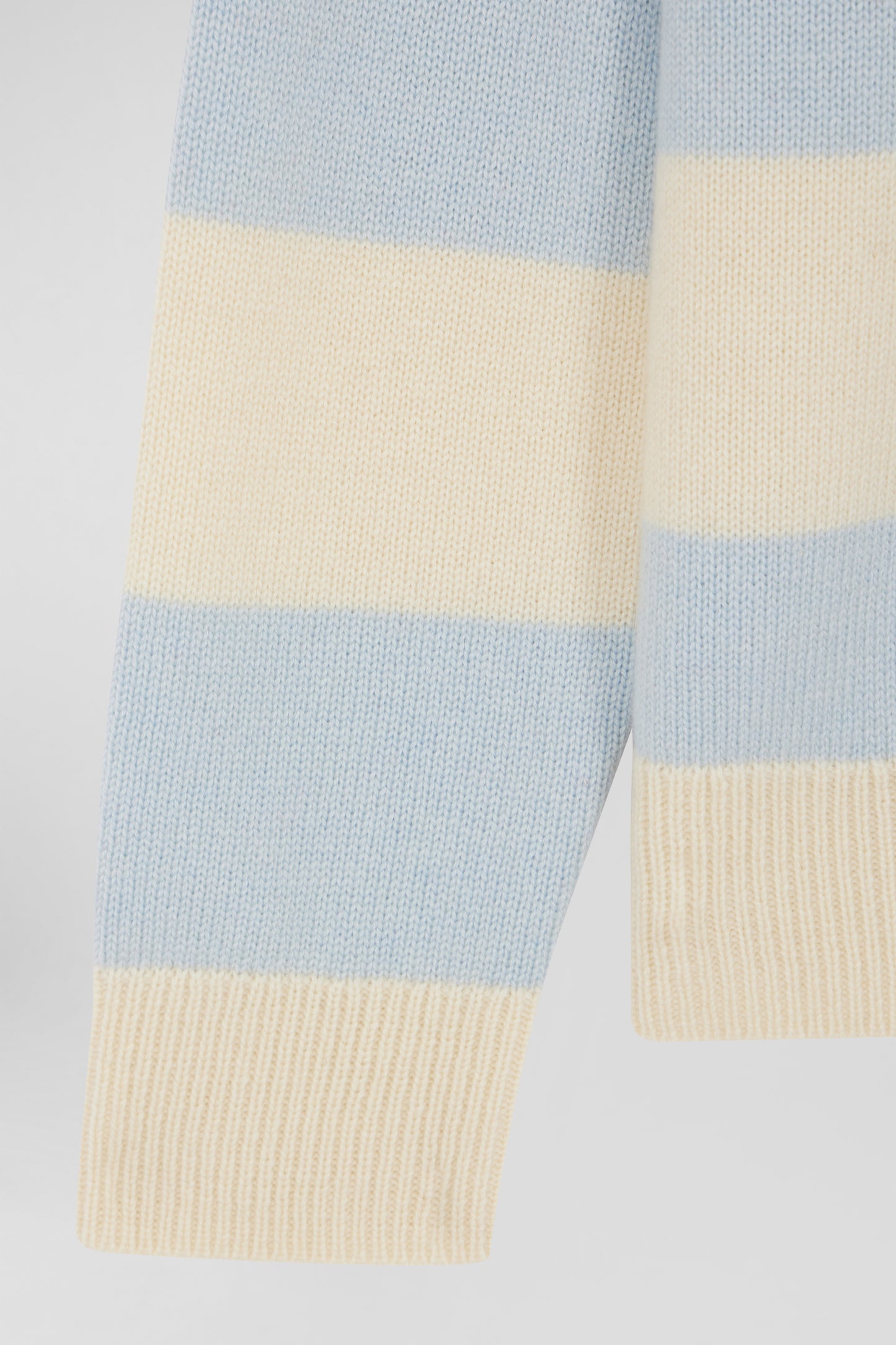 Blue and ecru striped wool and cashmere polo-neck sweater