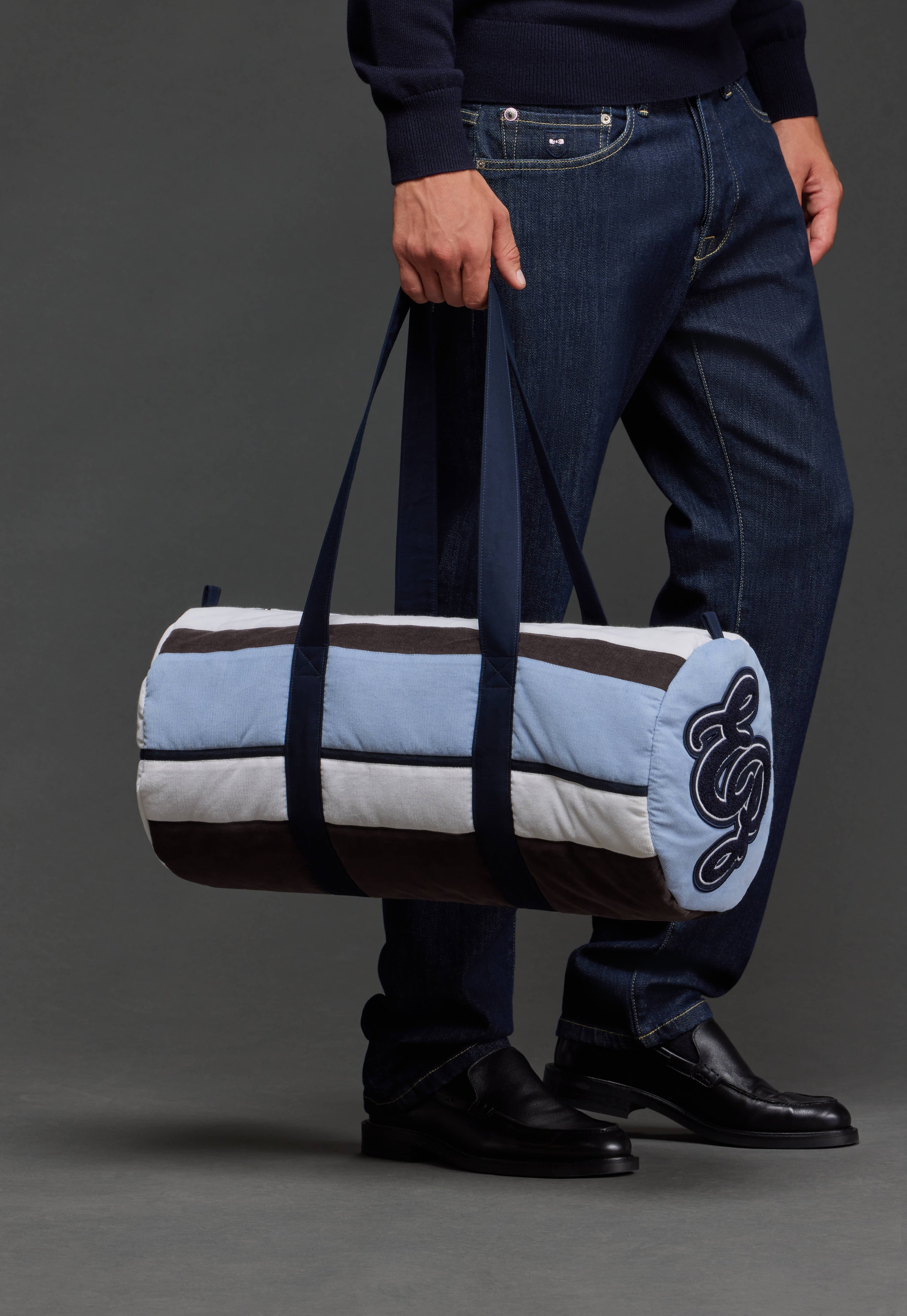 Sac polochon en velours rayé bleu upcyclé Pap'Atelier