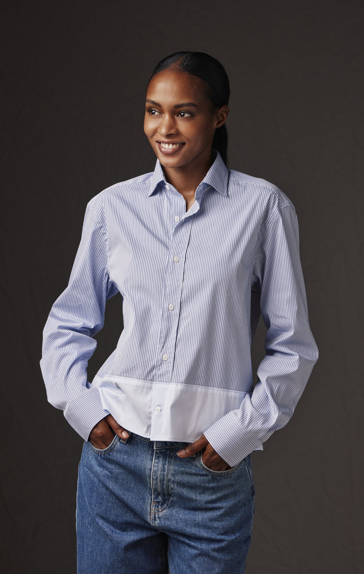 Chemise en coton rayé bleue et blanche upcyclée Pap'Atelier