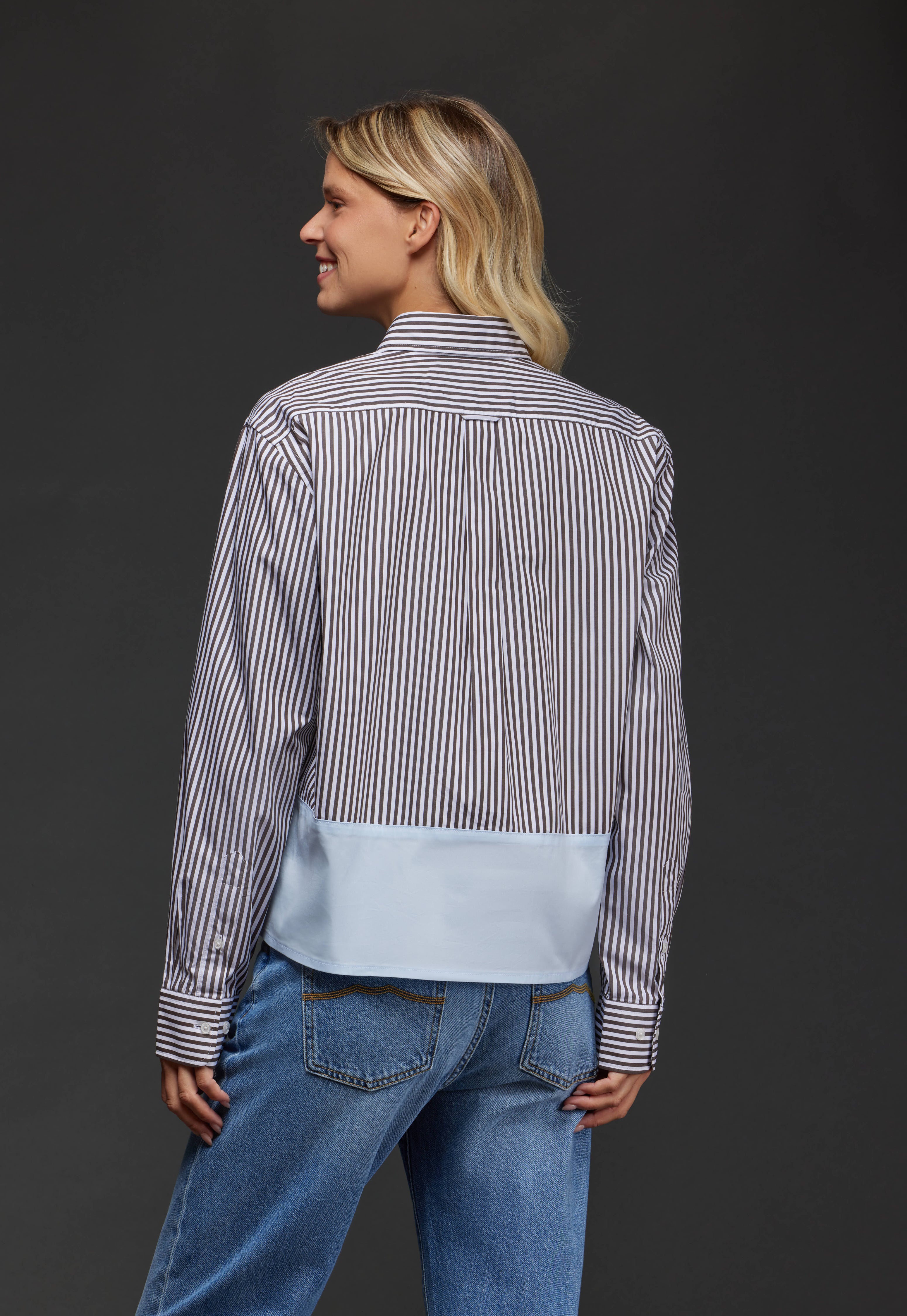 Chemise en coton rayé marron à empiècement ciel upcyclée Pap'Atelier