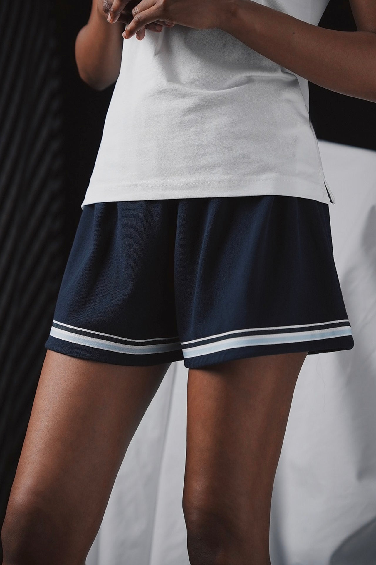 Pap'atelier navy shorts with elastic waist striped trims and crest