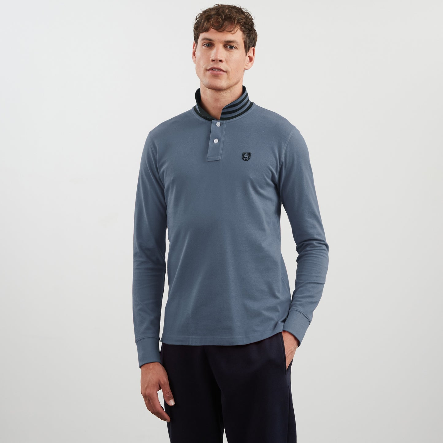 Grey-blue long-sleeved polo shirt