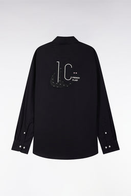 Chemise en coton pinpoint noire broderie dos coupe droite - Image 2