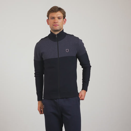 Cardigan bleu foncé colorblock zippé en jeu de mailles