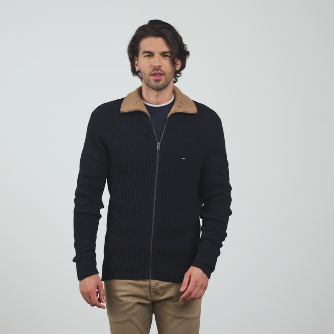 Cardigan bleu foncé zippé en maille côtelée
