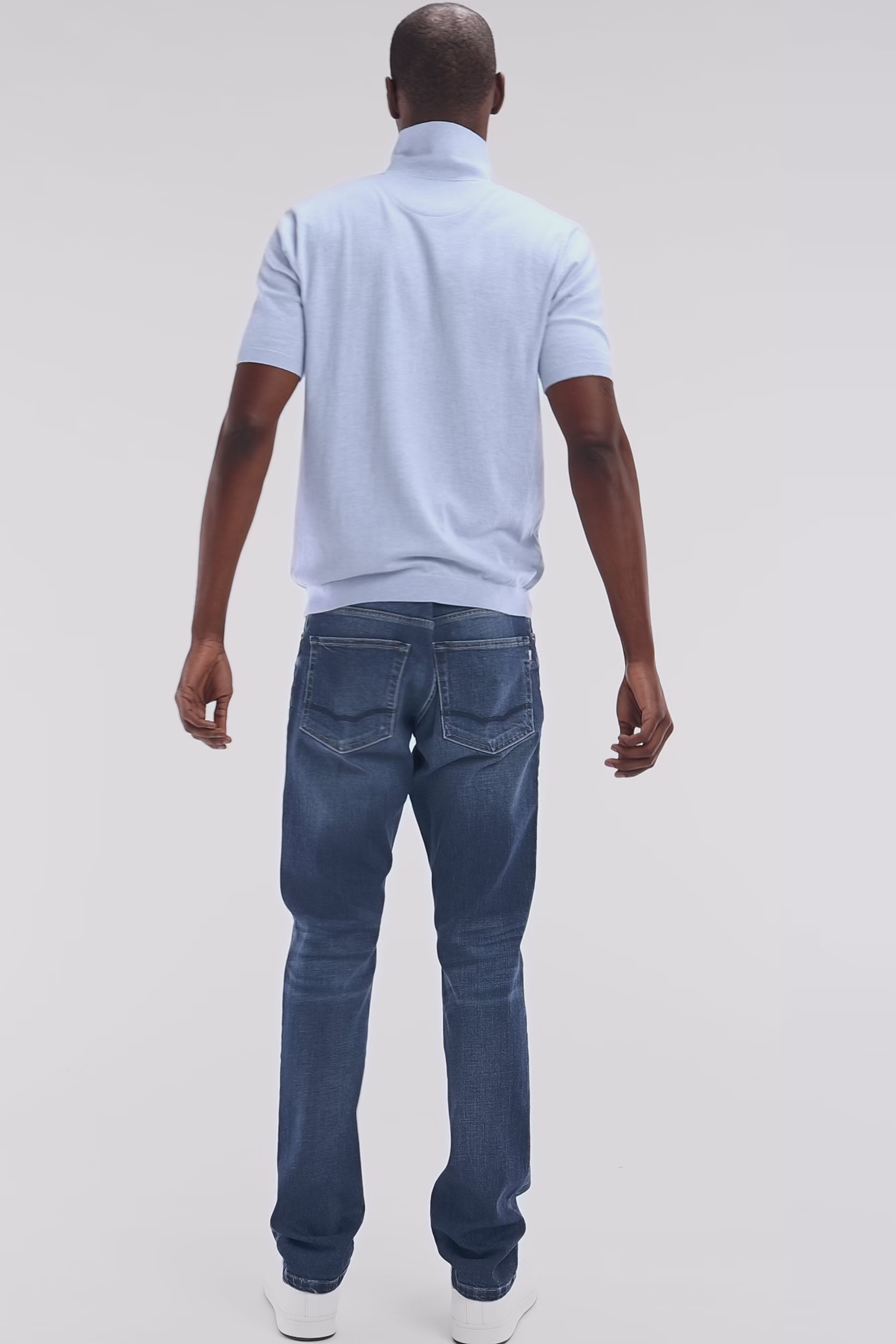 Pull col polo en coton et soie mélangés gris clair coupe droite