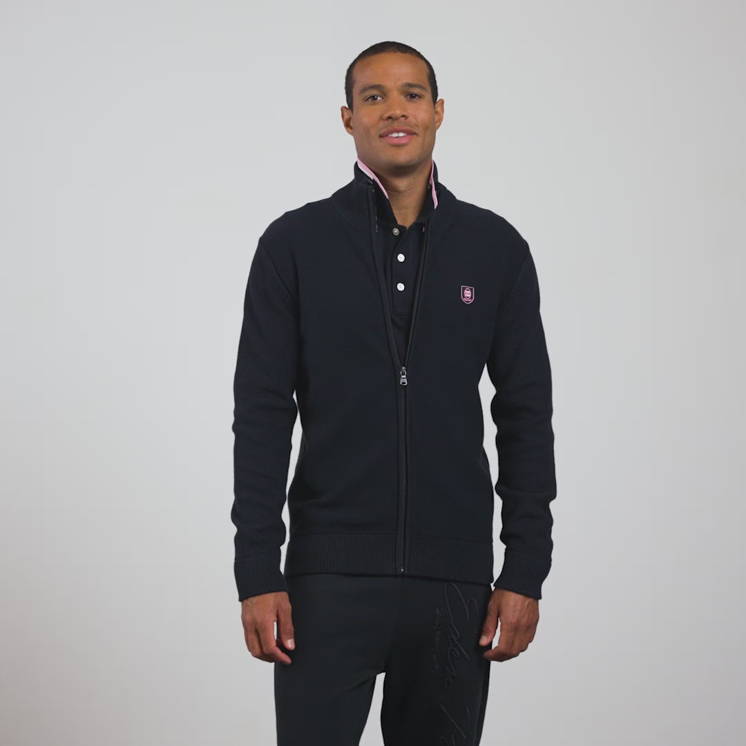 Cardigan bleu foncé zippé en jeu de mailles