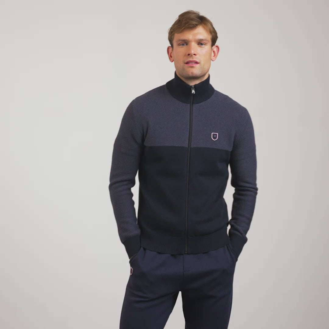 Cardigan bleu foncé colorblock zippé en jeu de mailles