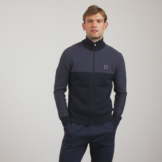 Cardigan bleu foncé colorblock zippé en jeu de mailles