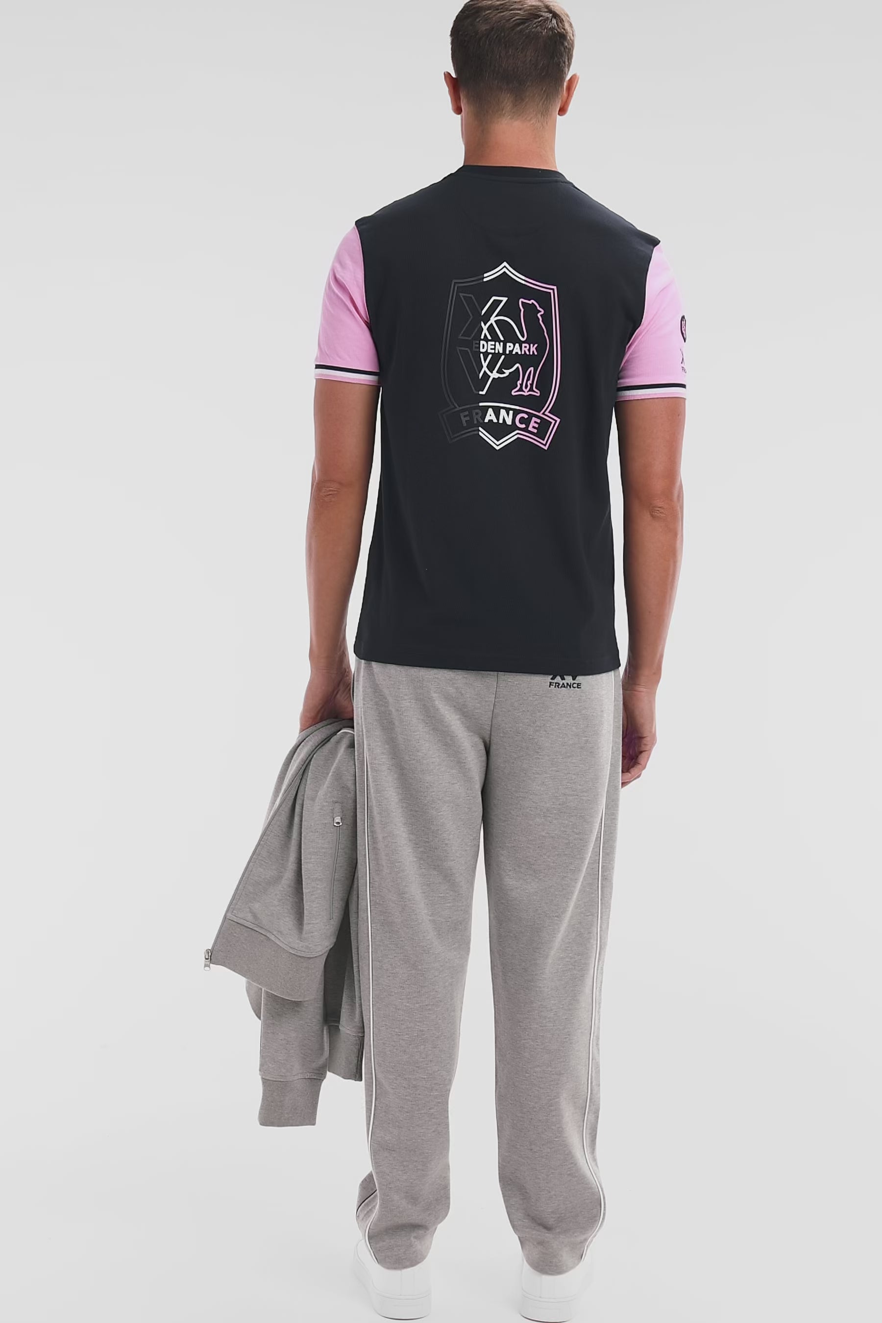 Sweatshirt zippé en coton stretch gris passepoil contrastés coupe droite