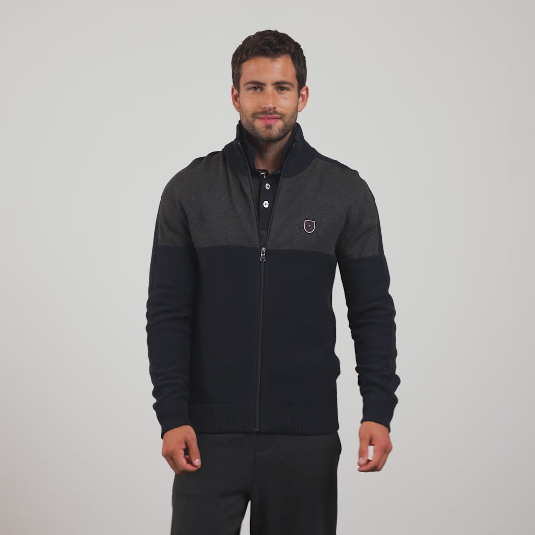 Cardigan gris foncé colorblock zippé en jeu de mailles