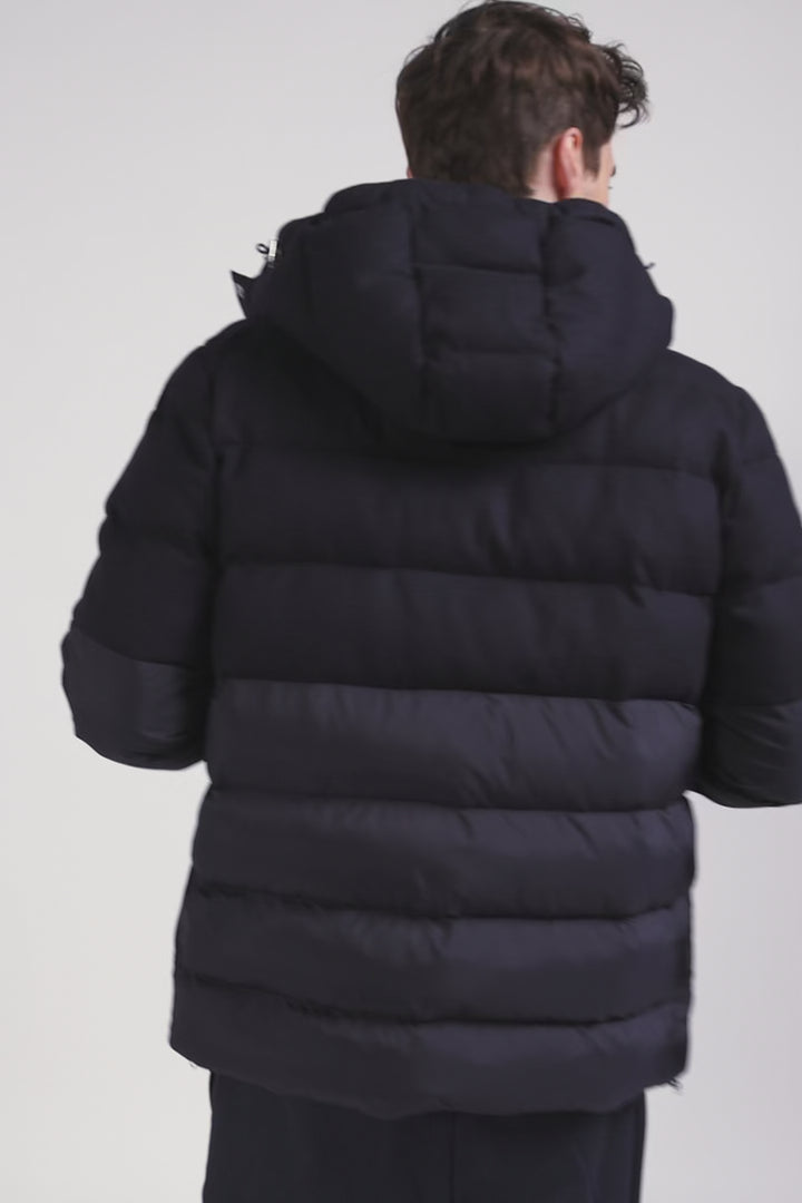 Doudoune bimatiere flanelle et nylon bleu marine Eden Park