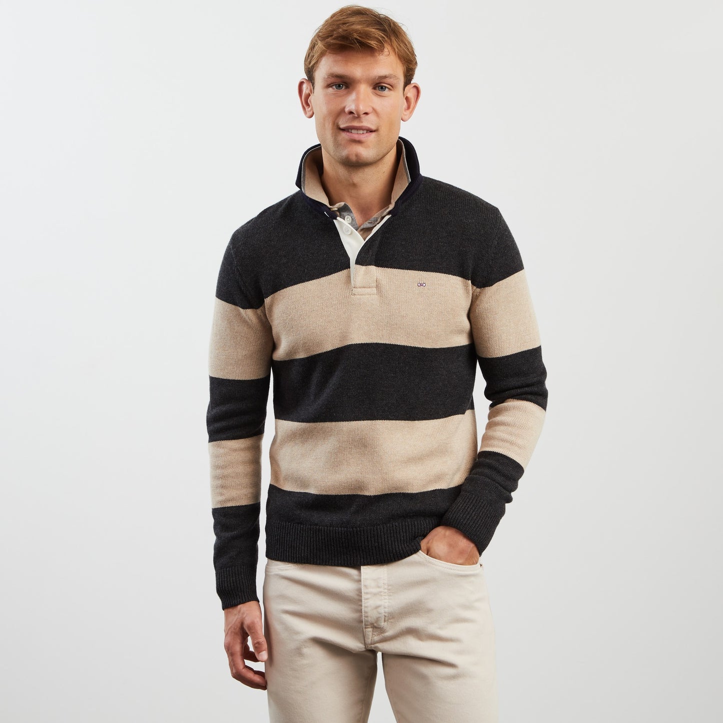 Beige striped polo-neck jumper