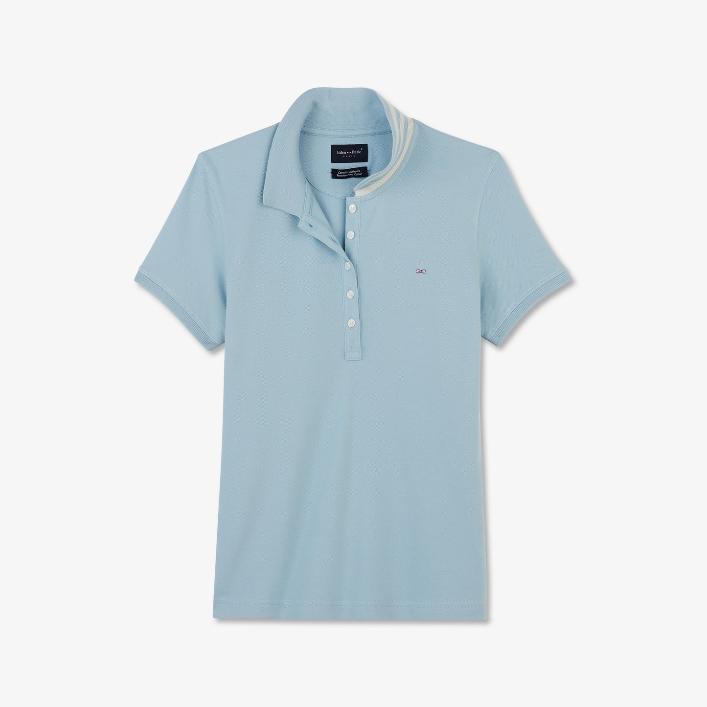 Light blue polo in Pima cotton pique, with striped collar