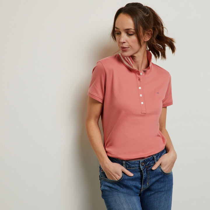 Polo rose saumon en coton Pima piqué à col rayé