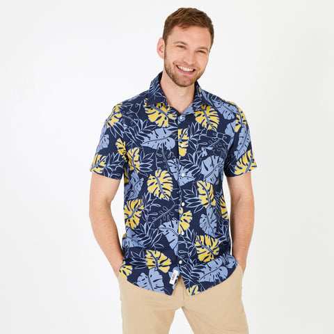 Blue short-sleeved shirt in cotton with a Tahitian pattern - Image 1