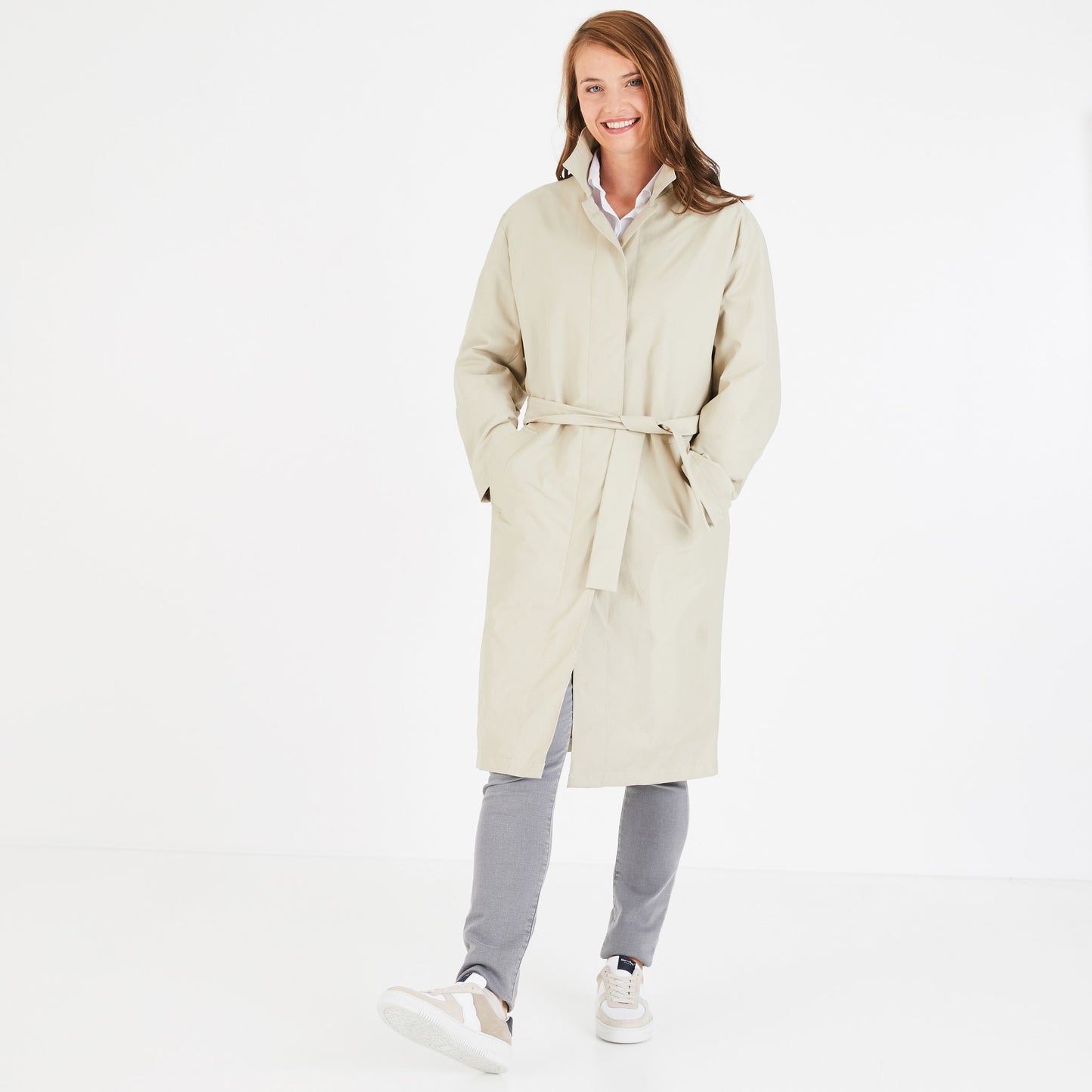Beige raincoat with belt