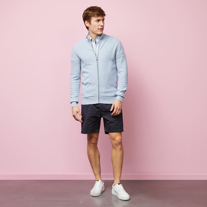 Cardigan bleu-gris zippé en point de riz