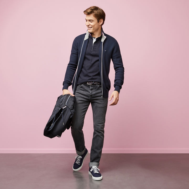 Cardigan bleu foncé zippé en point de riz