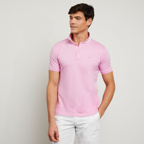 Polo rose en coton Pima piqué à col rayé - Image 3