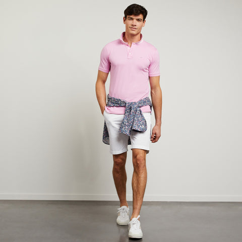 Polo rose en coton Pima piqué à col rayé - Image 1