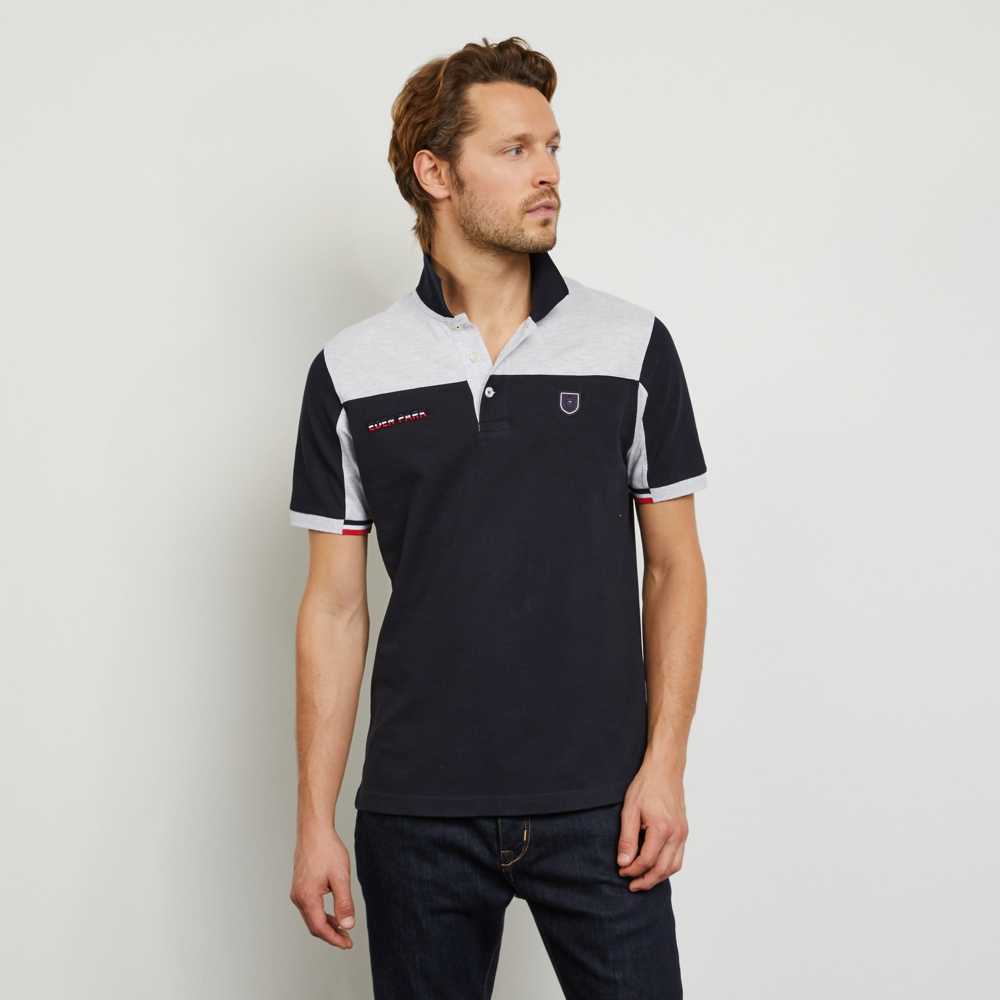 Polo color-block gris en coton piqué