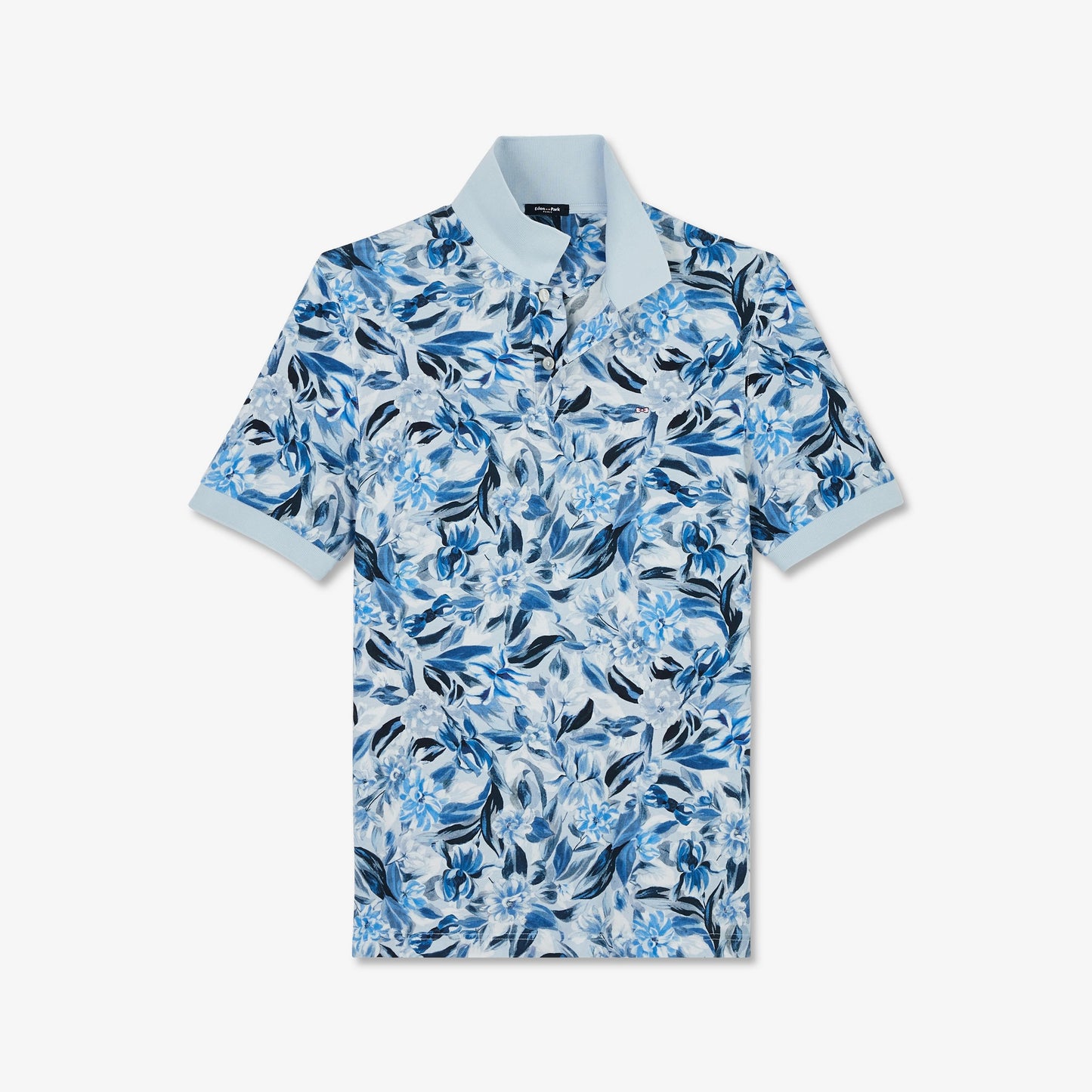 Polo bleu clair en coton piqué imprimé fleurs