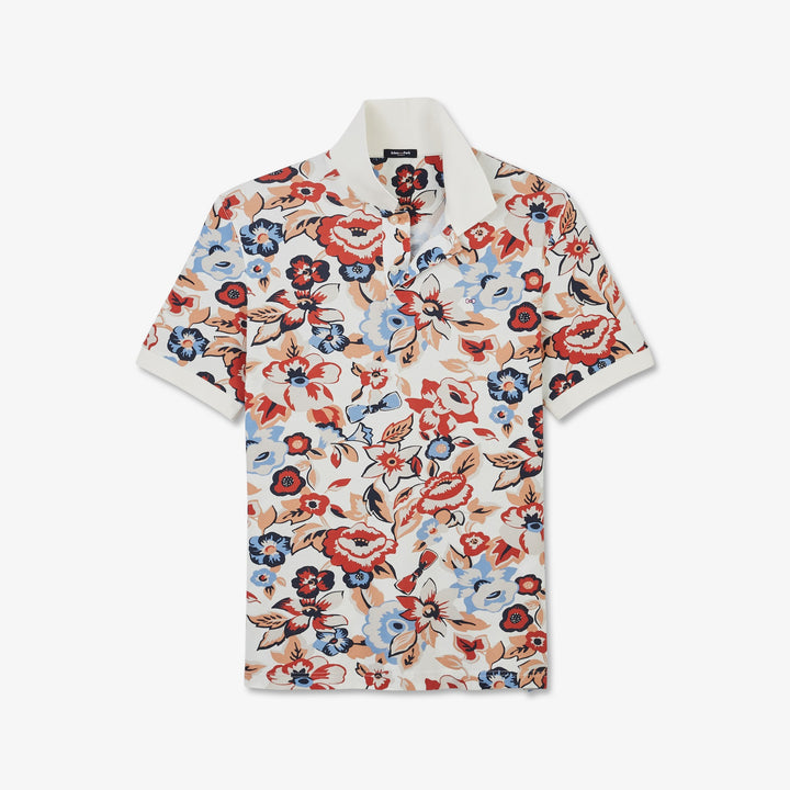 Polo blanc en coton piqué imprimé fleurs