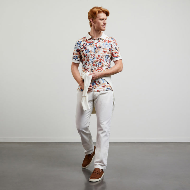 Polo blanc en coton piqué imprimé fleurs