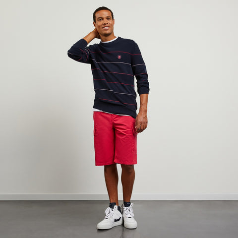 Dark blue striped jumper in combination knit - Image 1