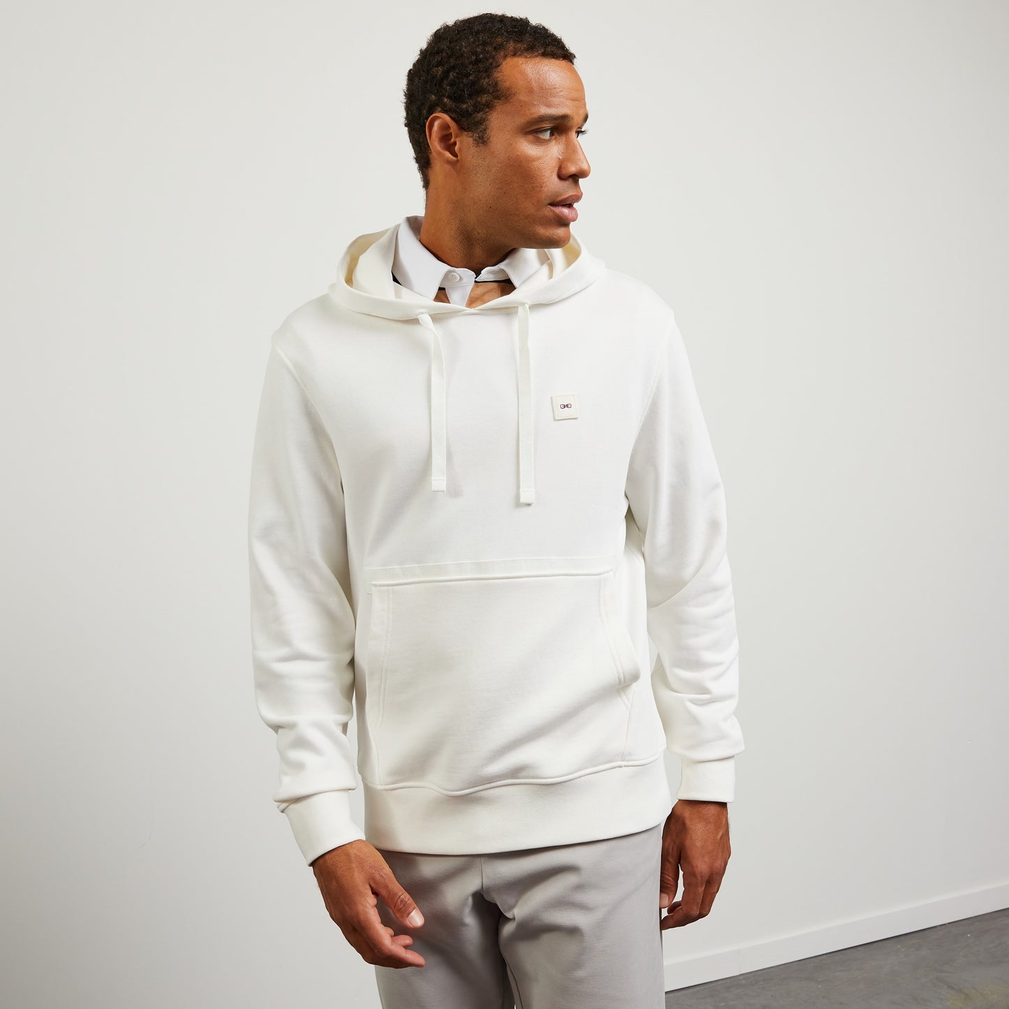 Plain white sweatshirt with hood