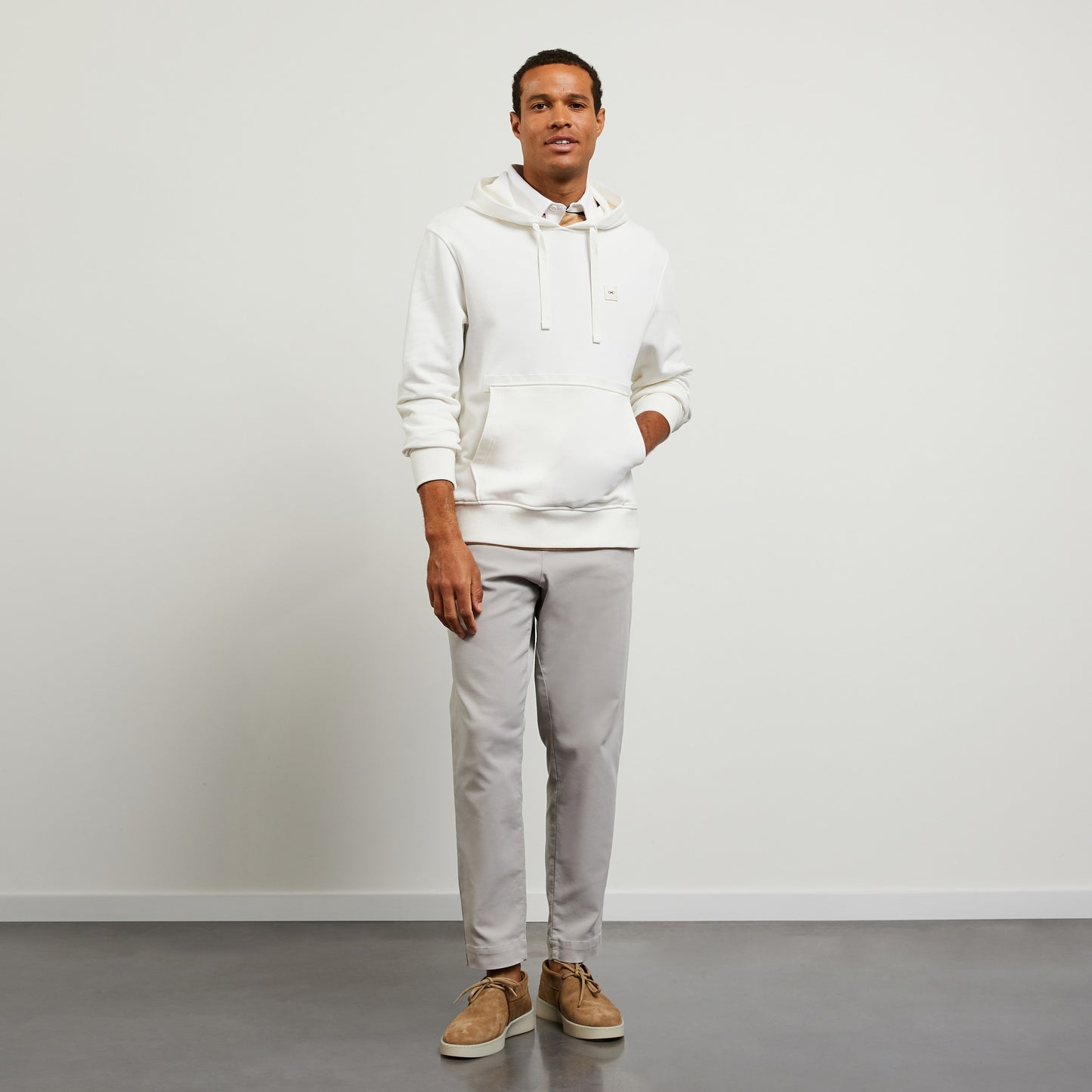 Plain white sweatshirt with hood