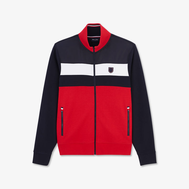 Sweat color-block rouge bimatière zippé