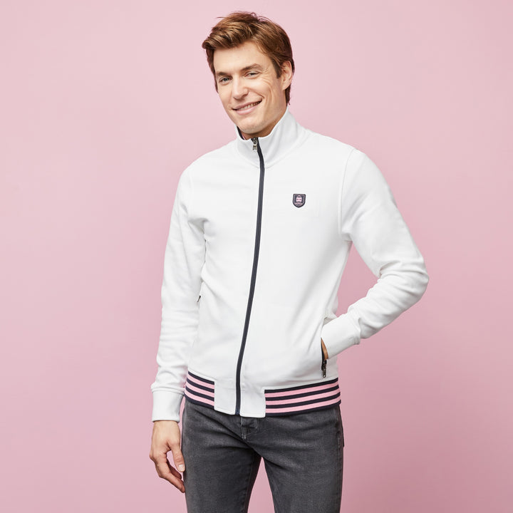 Sweat blanc zippé à détails rayés