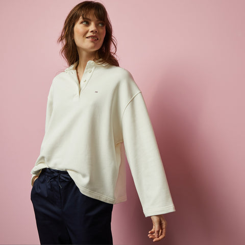 Sweat blanc col polo en molleton - Image 1