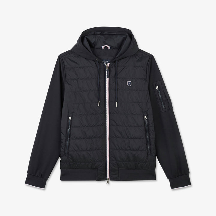 Blouson bleu foncé bimatière à capuche