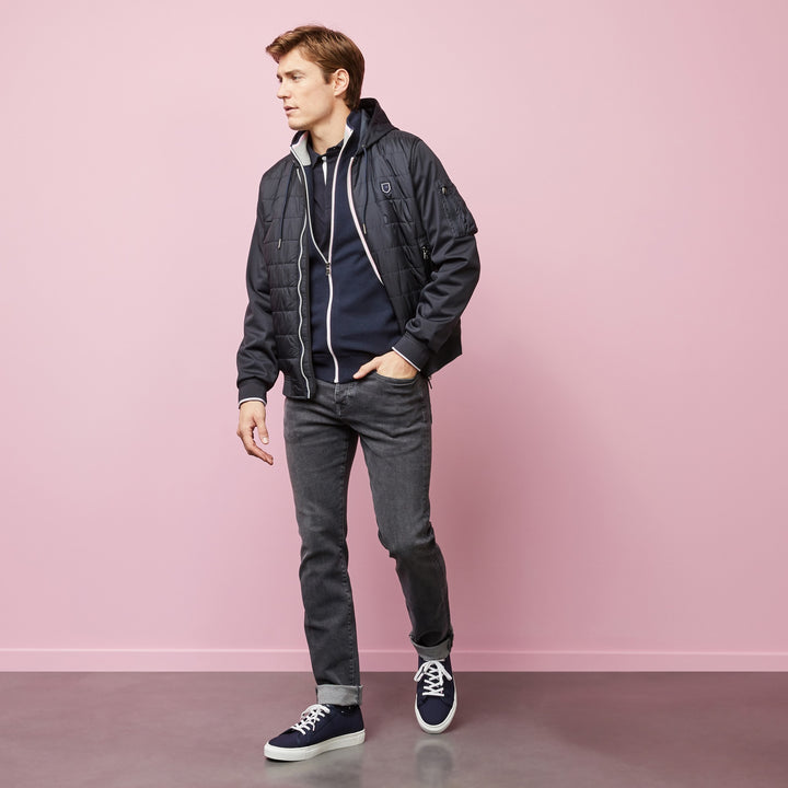 Blouson bleu foncé bimatière à capuche