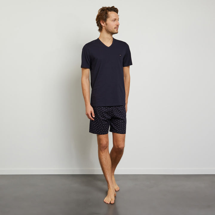 Pyjama court bleu marine uni et à micro-noeuds papillon