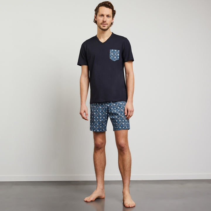 Pyjama court bleu foncé imprimé fleuri