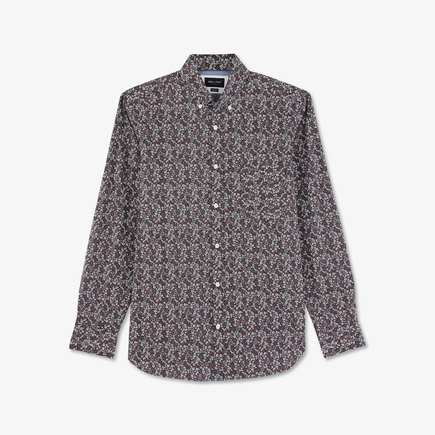 Chemise marron en popeline de coton fleuri