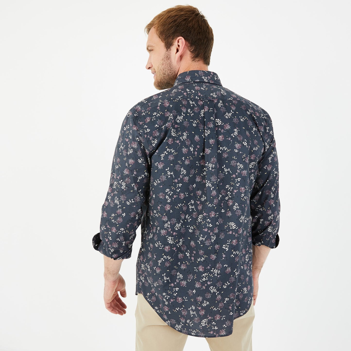 Chemise bleu marine en coton premium à motif fleuri