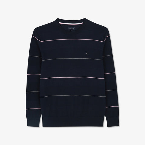 Navy blue striped cotton round-neck sweater - Image 2