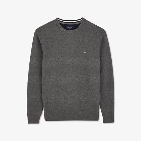 Grey round-neck sweater in textured striped cotton - Image 2