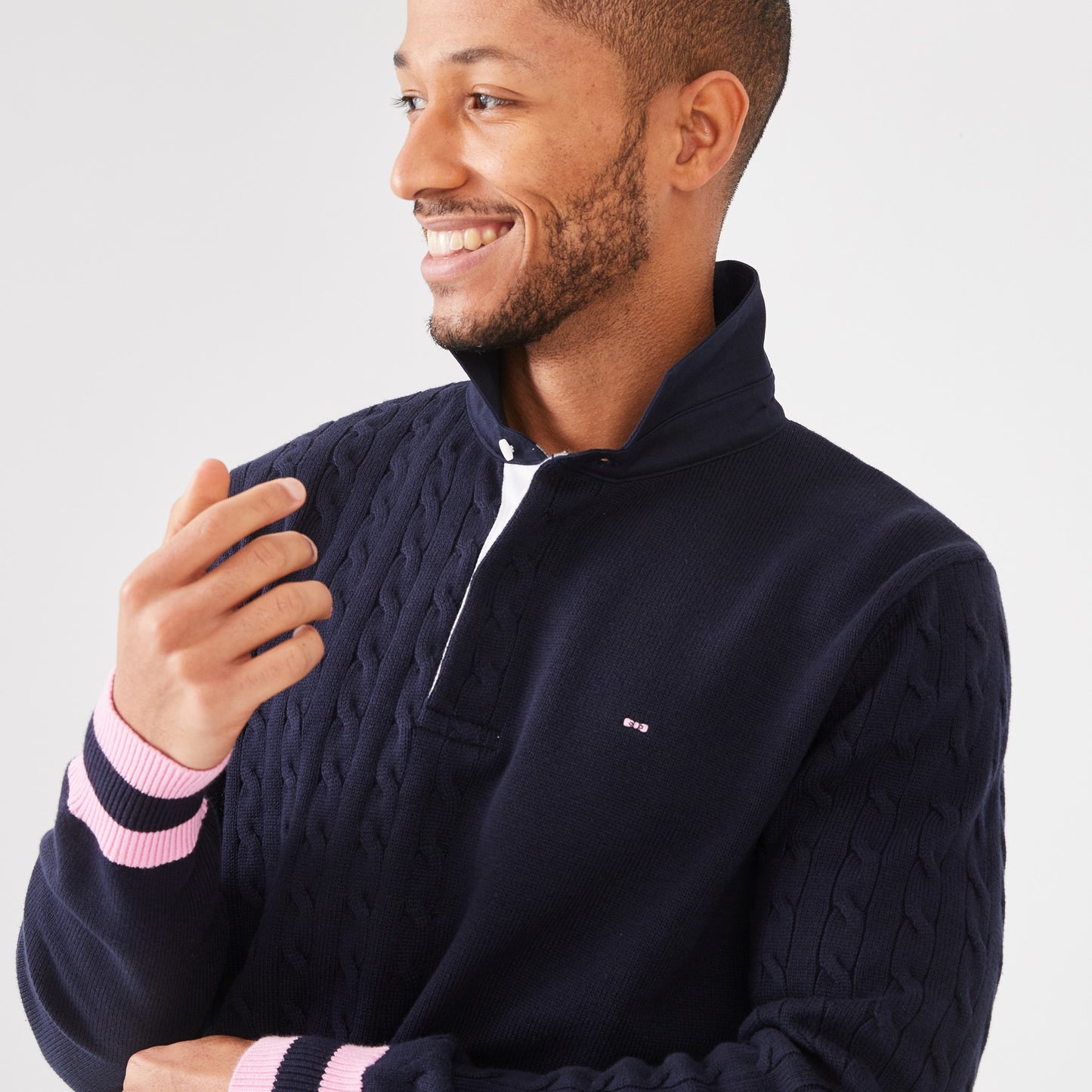 Navy cotton jersey-neck sweater with twists