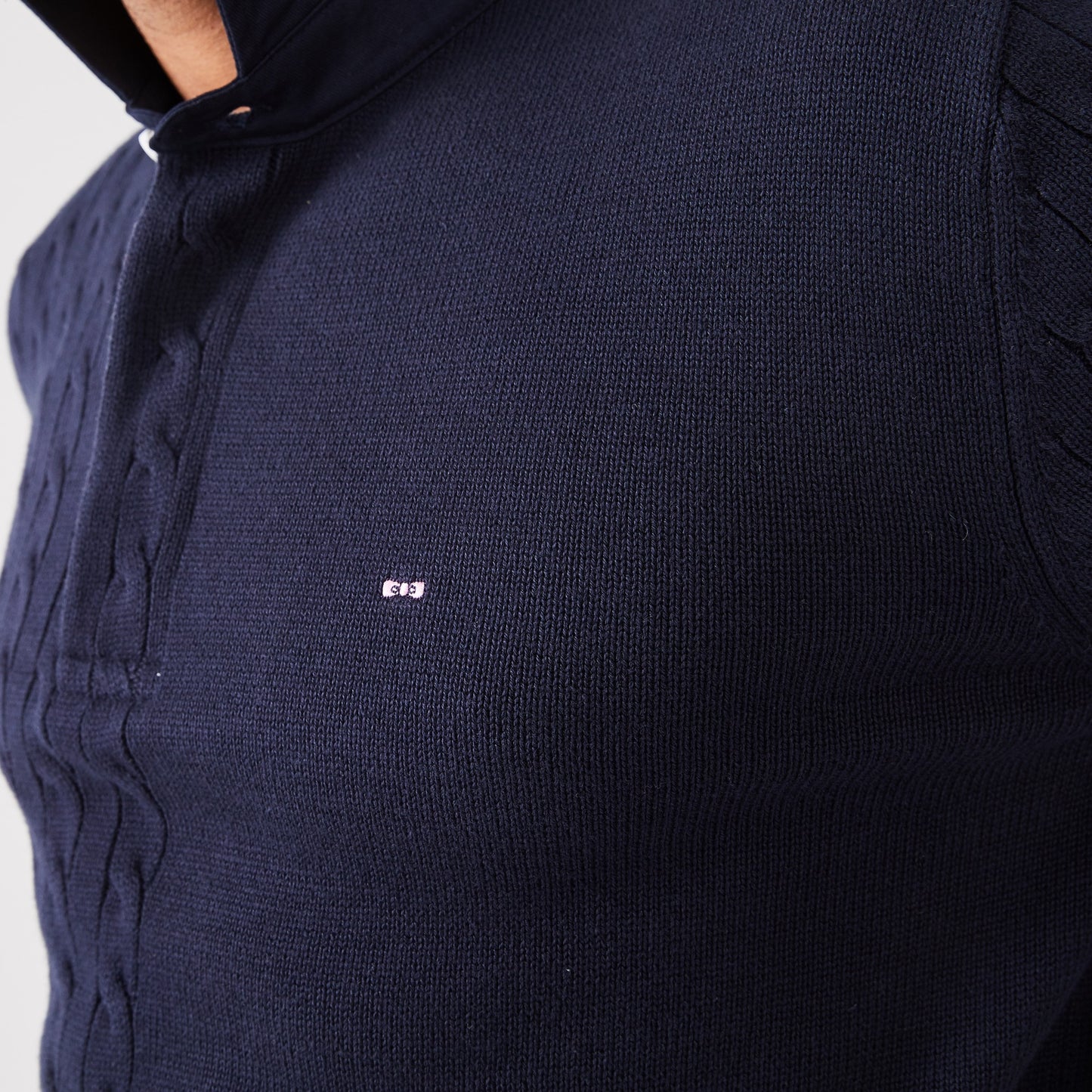 Navy cotton jersey-neck sweater with twists
